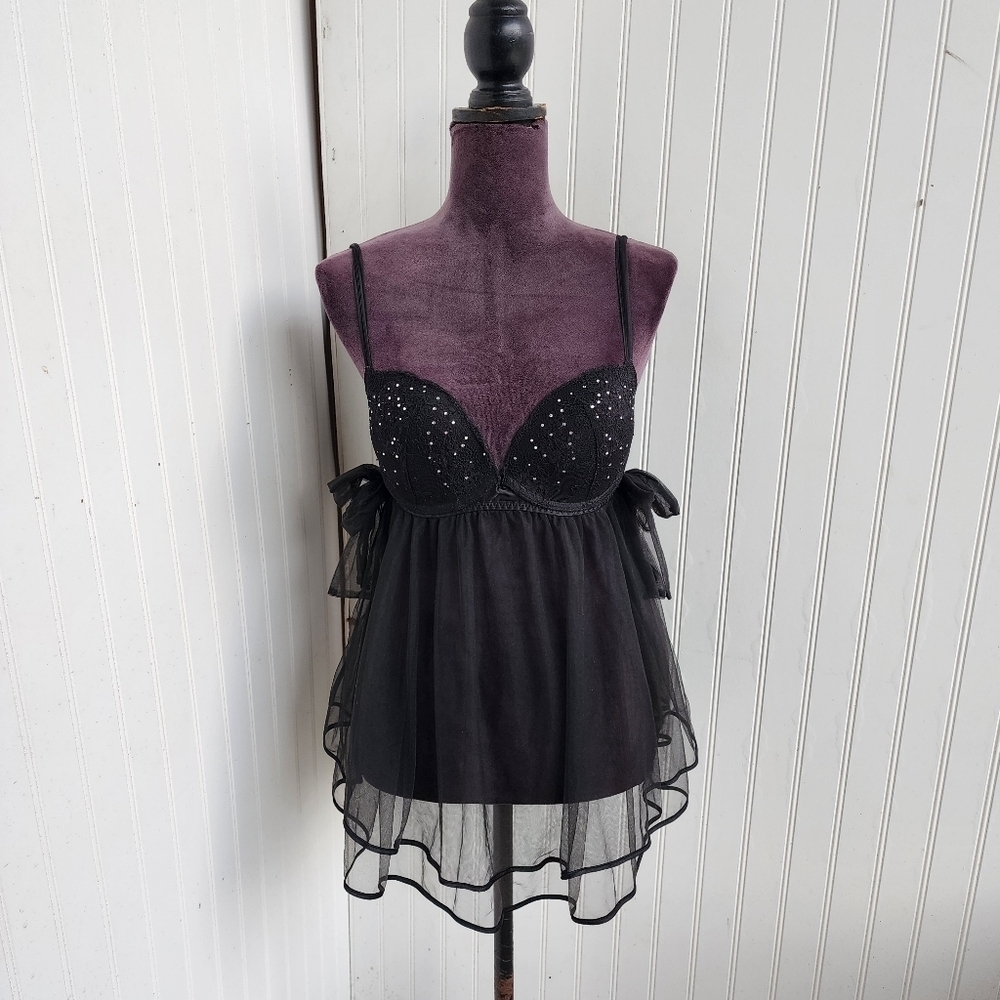Victorias Secret Sexy Push Up Babydoll Lingerie Black Lace Teddy Negligee Sz 34D